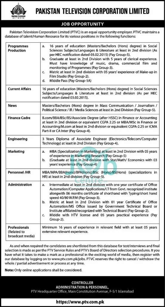 Pakistan Television Corporation Limited PTV Jobs 2025 Advertisement