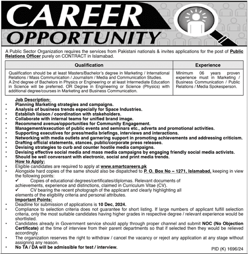 Public Sector Organization PO Box No 1271 Islamabad Jobs 2024 Advertisement