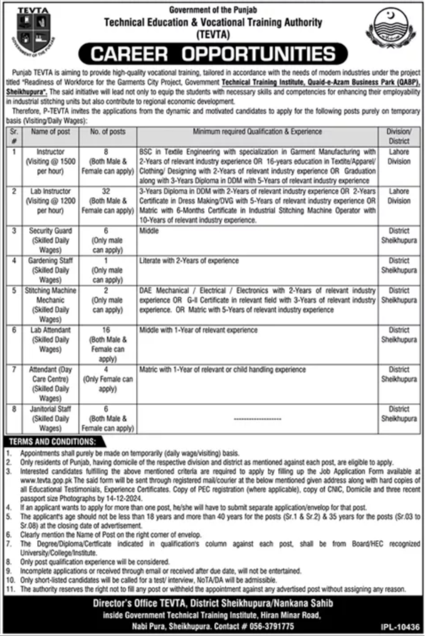 Punjab TEVTA Jobs 2024 Advertisement