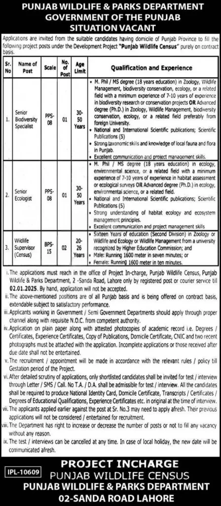 Punjab Wildlife & Parks Department Lahore Jobs 2025 Advertisement