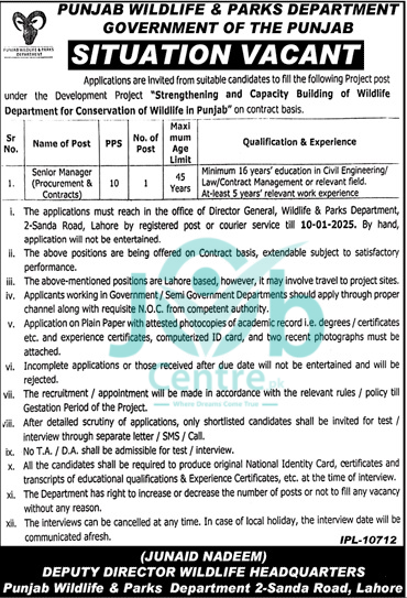 Punjab Wildlife and Parks Department Jobs 2025 Advertisement