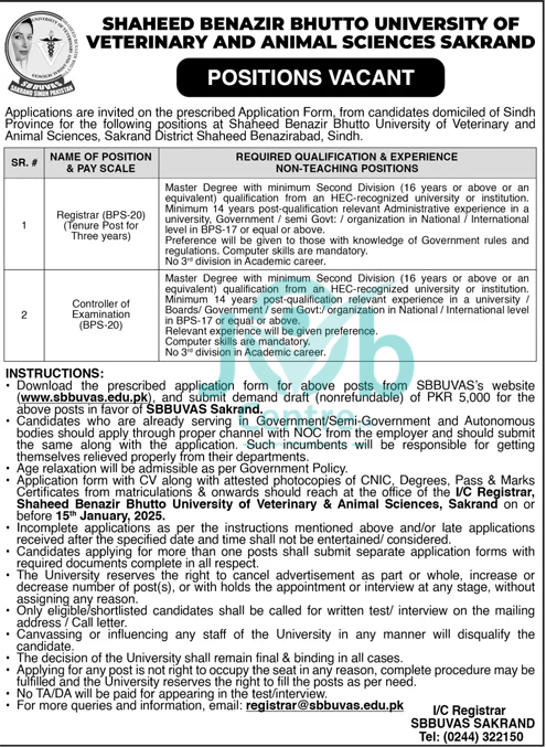 Shaheed Benazir Bhutto University of Veterinary and Animal Sciences SBBUVAS Jobs 2025 Advertisement