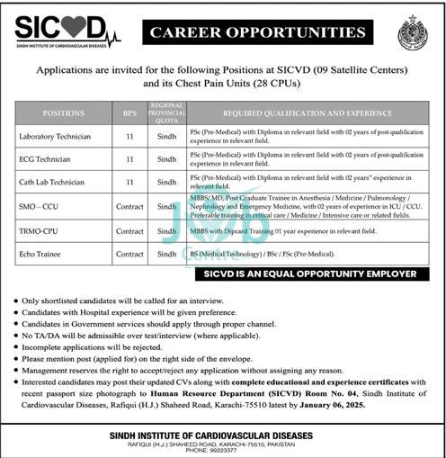 Sindh Institute of Cardiovascular Diseases SICVD Jobs 2025 Advertisement