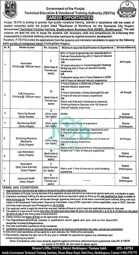 Technical Education & Vocational Training Authority TEVTA Sheikhupura Jobs 2025 Advertisement