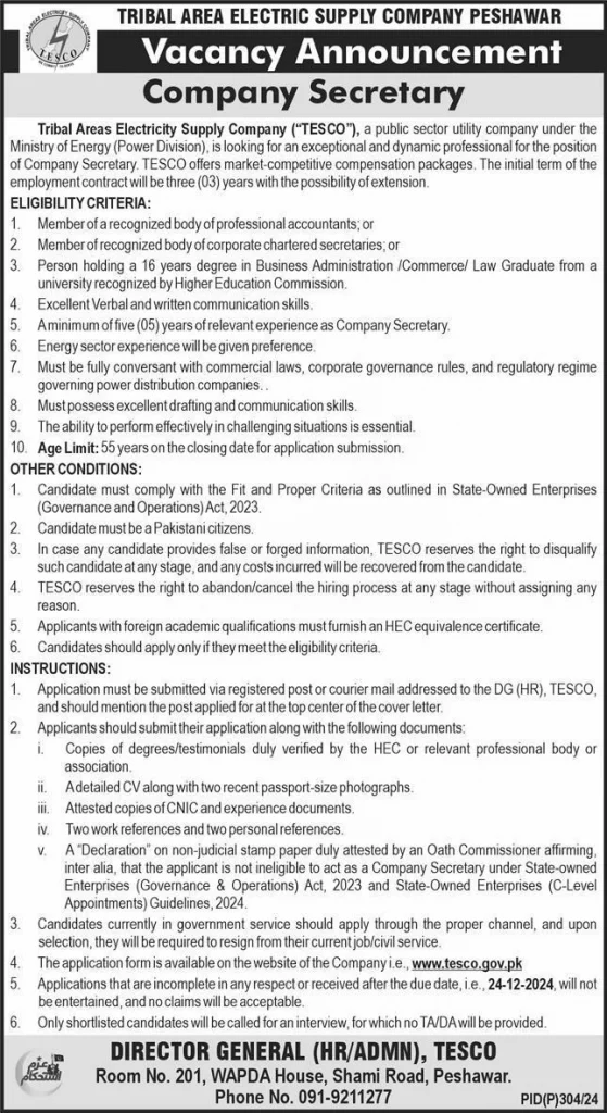 Tribal Area Electric Supply Company TESCO Jobs 2025 Advertisement