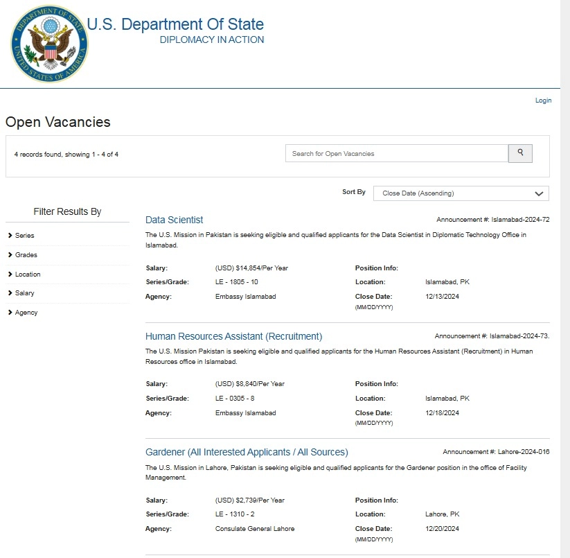 U.S. Embassy Jobs in Pakistan 2025 Advertisement