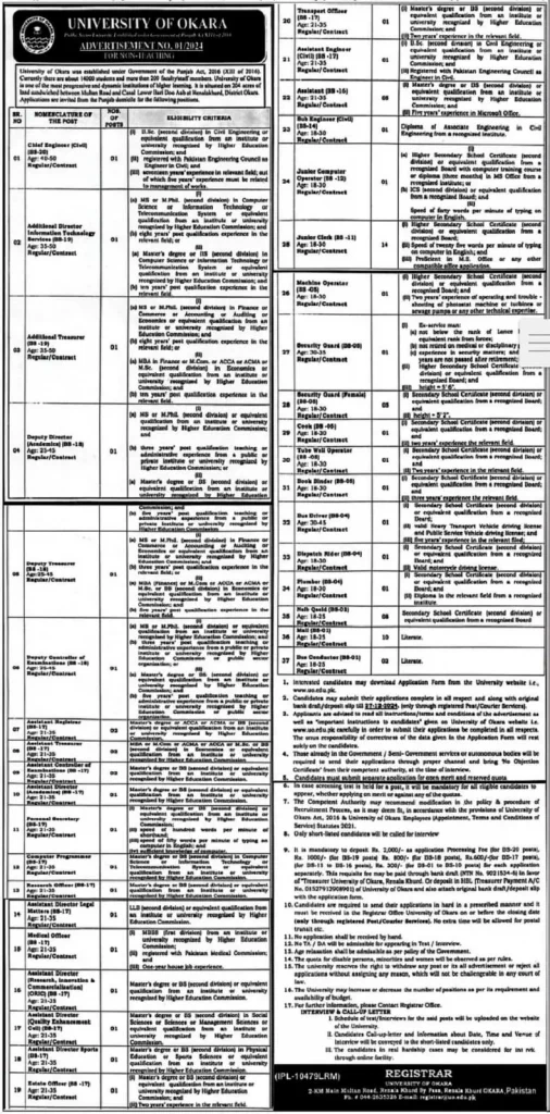 University of Okara Jobs 2024 Advertisement