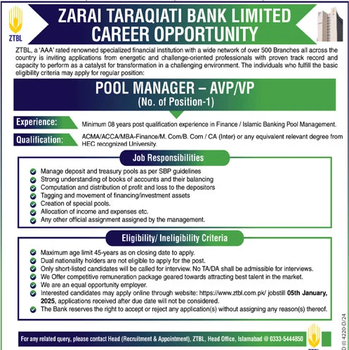 Latest Zarai Taraqiati Bank Limited ZTBL Jobs 2024 Advertisement: