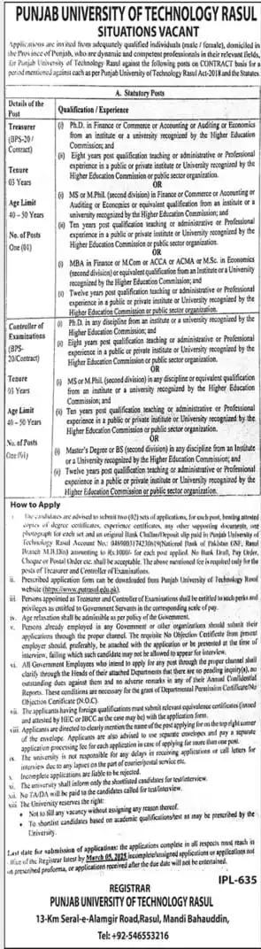 Punjab University of Technology PUT Rasul Jobs 2025 Latest Advertisement