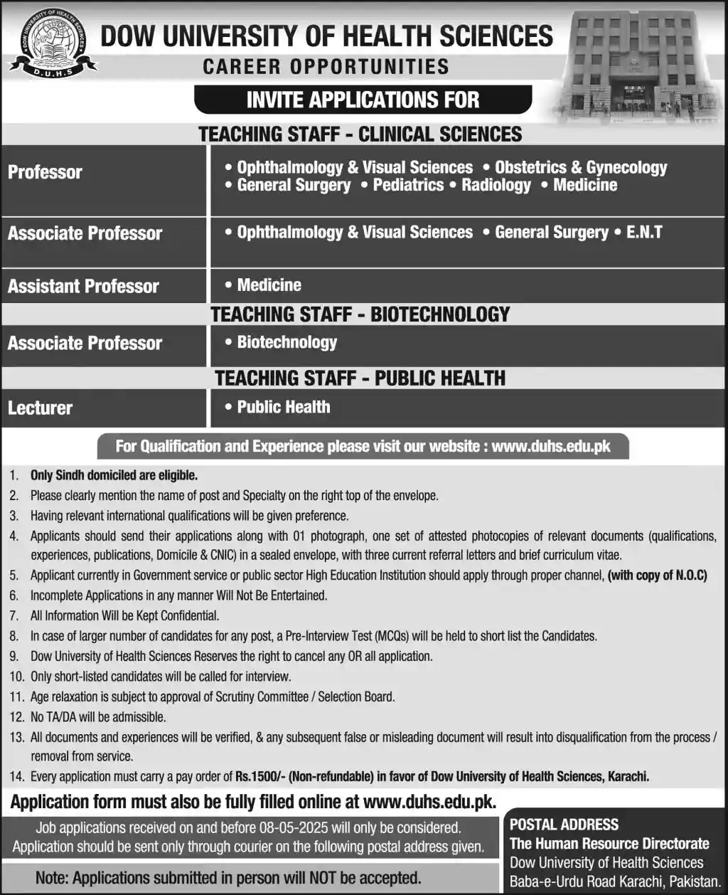 DUHS Karachi Jobs 2025 Advertisement