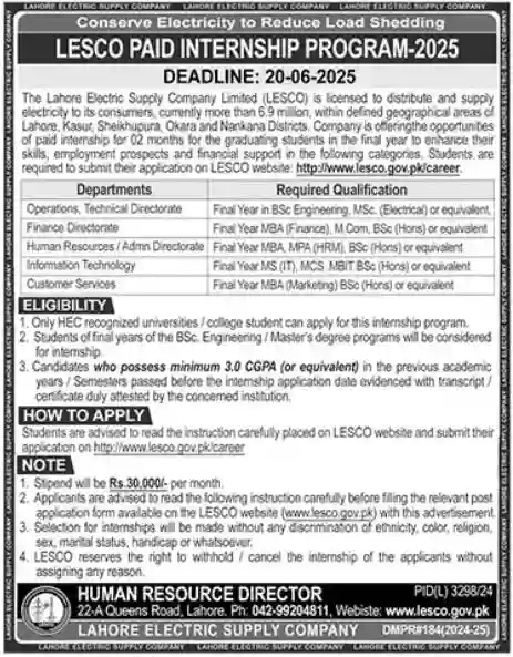 Lahore Electric Supply Company LESCO Jobs 2025 Today Advertisement