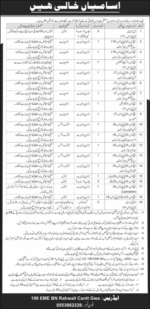 Pak Army 199 EME BN Rahwali Cantt Jobs 2025 Advertisement