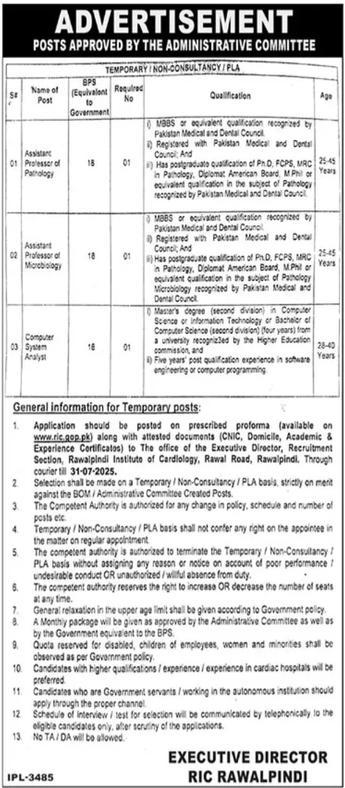 Rawalpindi Institute of Cardiology RIC Jobs 2025 Advertisement
