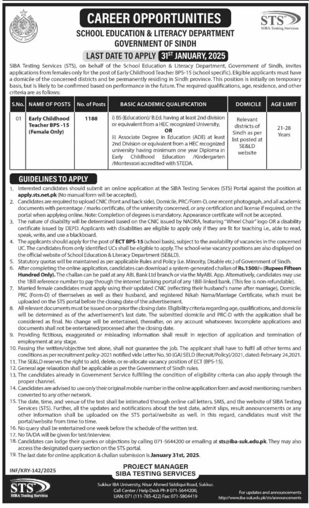 School Education & Literacy Department Sindh Jobs 2025 Advertisement