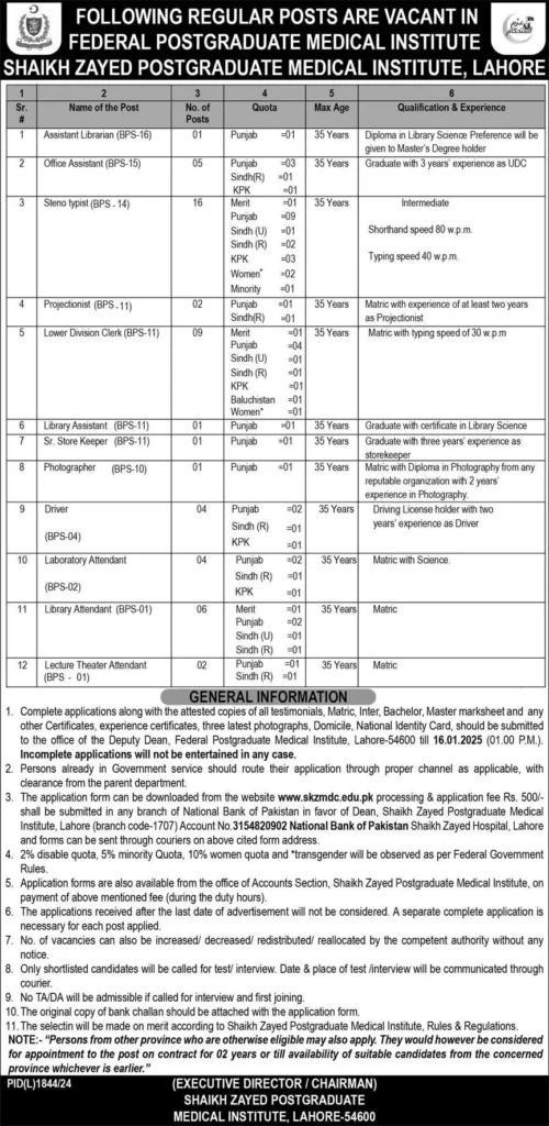 Shaikh Zayed Postgraduate Medical Institute Jobs 2025 Advertisement