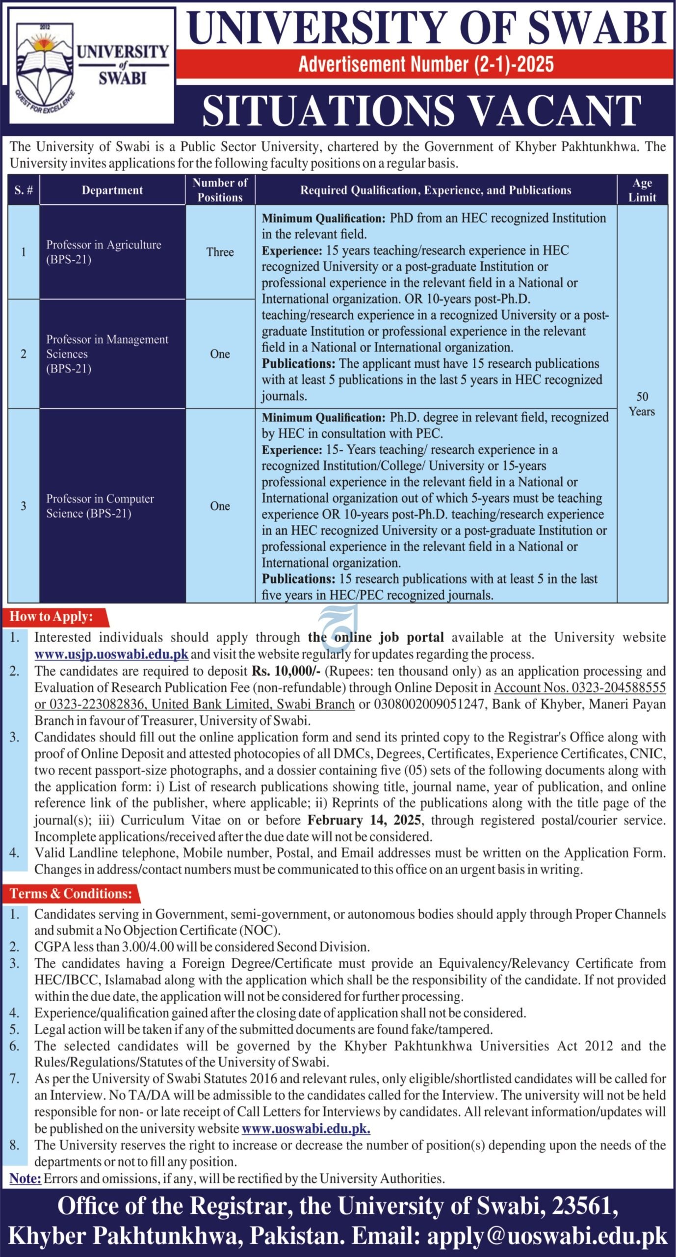 University Of Swabi Jobs 2025 Advertisement