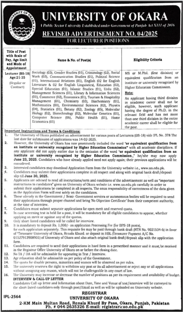 Latest University of Okara Lecturers jobs 2025 Advertisement