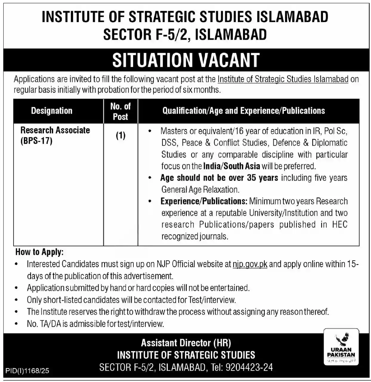 lastest Institute Of Strategic Studies Islamabad Jobs 2025 Advertisement