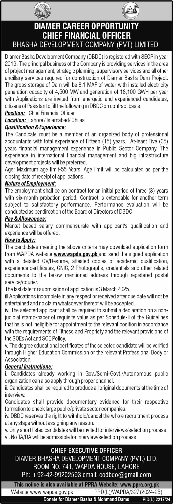 Diamer Basha Development Company Jobs 2025 Advertisement