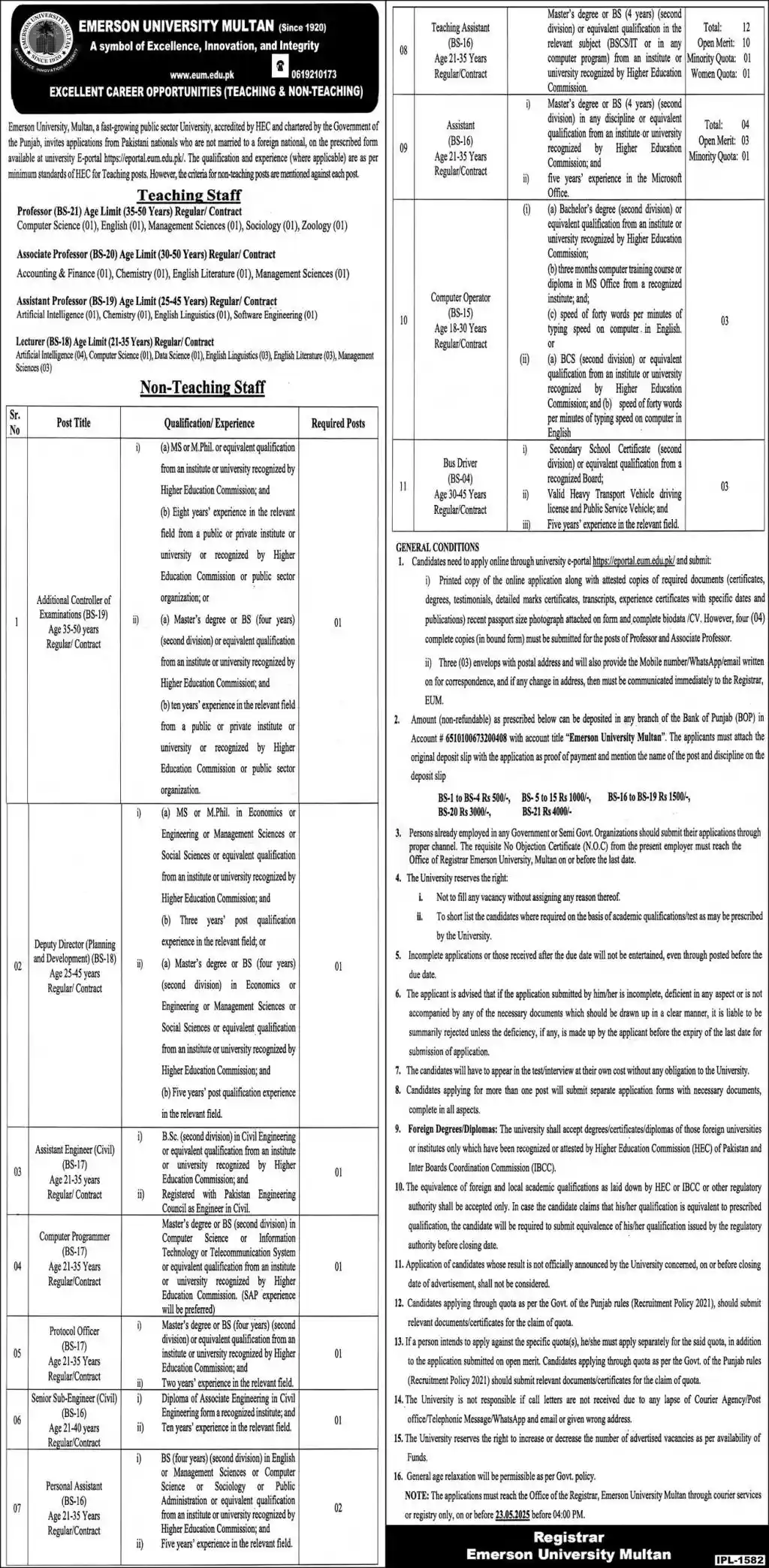  Emerson University Multan Jobs 2025 Latest Advertisement