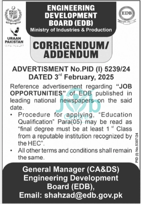 Engineering Development Board EDB Jobs 2025 Advertisement