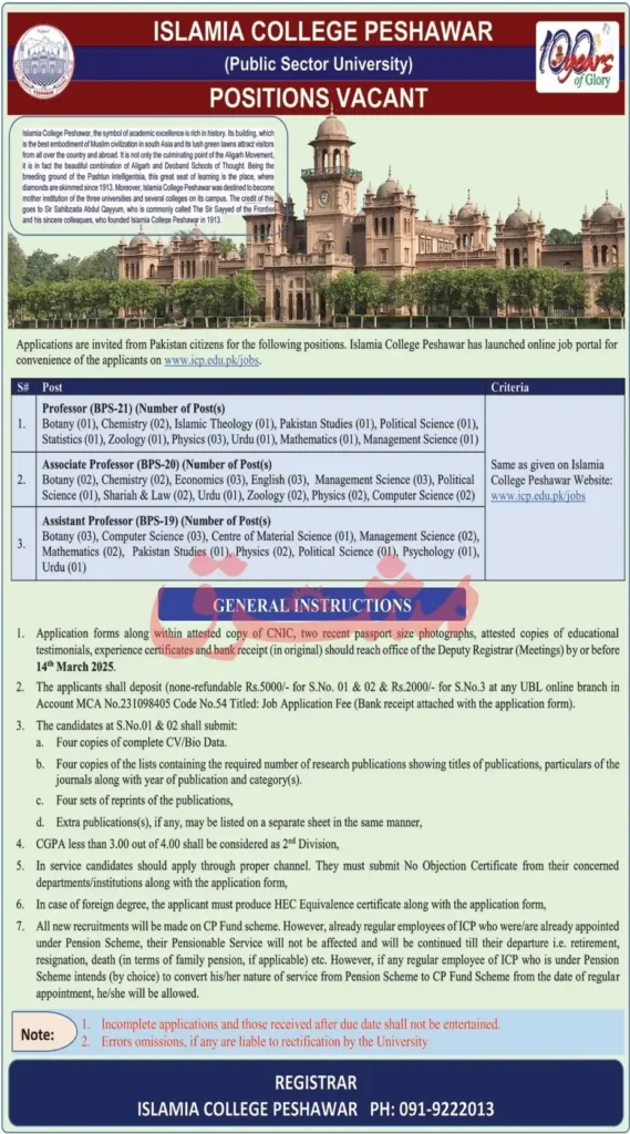 Islamia College Peshawar Jobs 2025 Advertisement