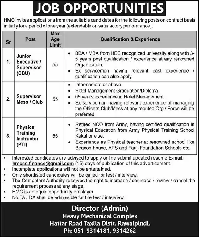 Heavy Mechanical Complex HMC Jobs 2025 Latest Advertisement