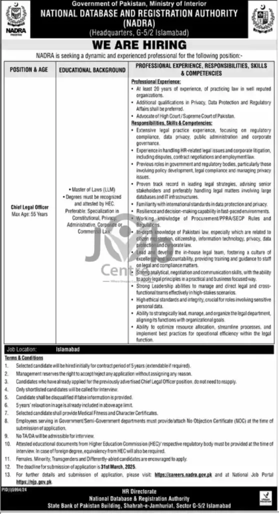 NADRA Chief Legal Officer Jobs 2025 Advertisement