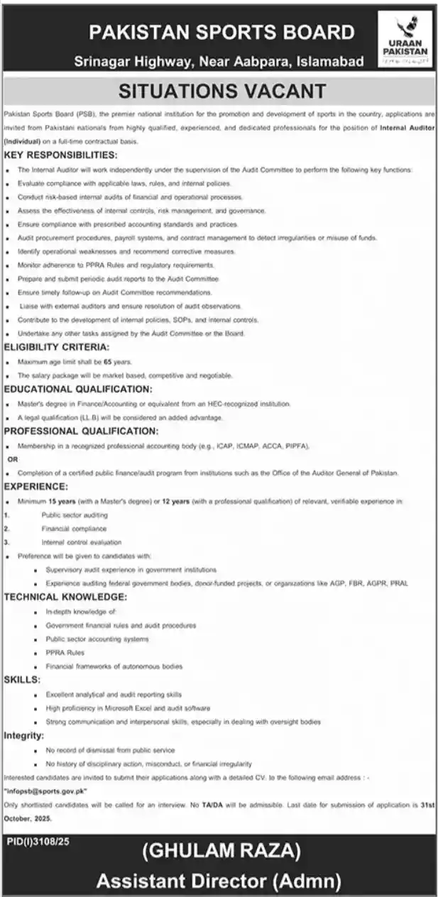 Pakistan Sports Board Internal Auditor Jobs 2025 ad: