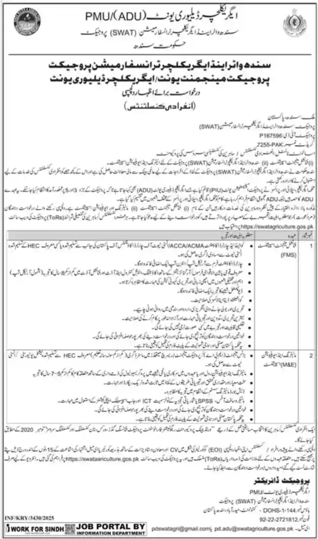 Sindh Water & Agriculture Transformation SWAT Jobs 2025 Latest Advertisement
