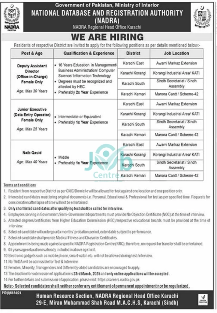 NADRA Regional Head Office Karachi Jobs 2025 Advertisement