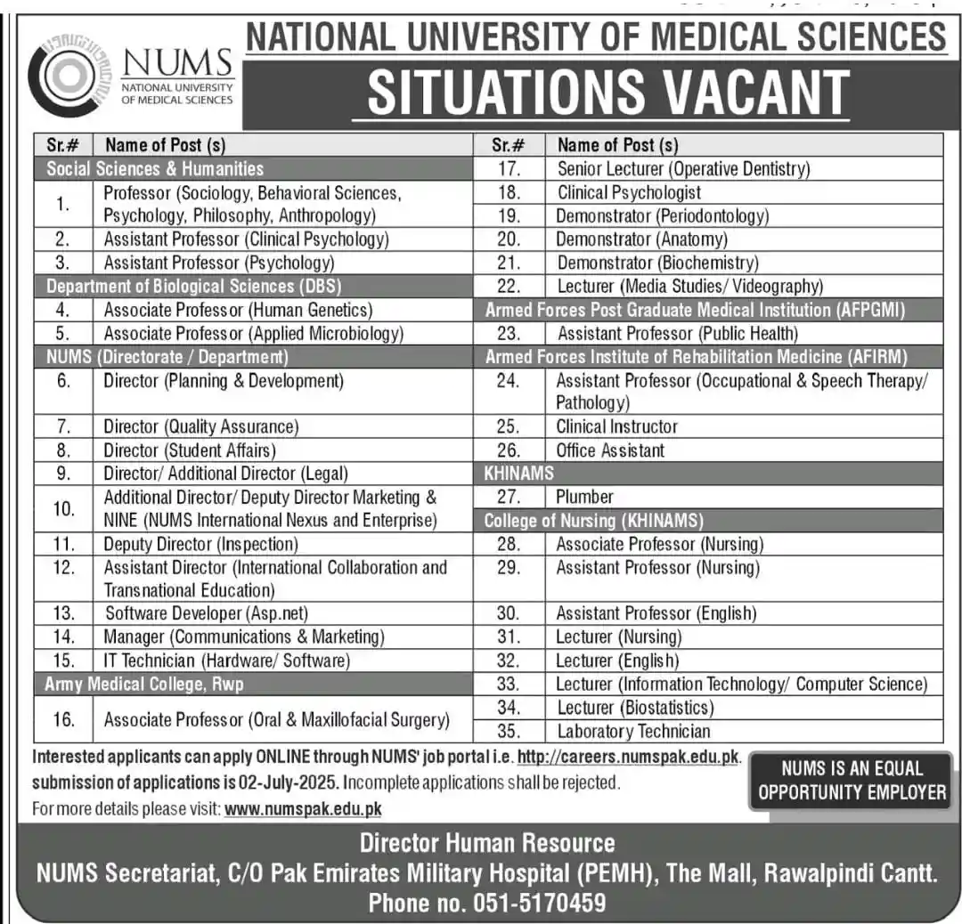 NUMS Rawalpindi Jobs 2025 Advertisement