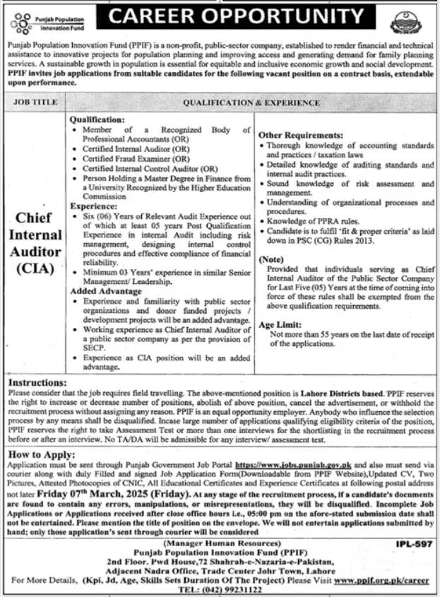 PPIF Lahore Jobs 2025 Advertisement