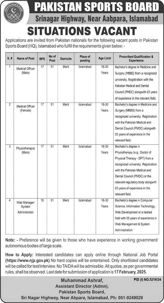 Pakistan Sports Board PSB Islamabad Jobs 2025 Advertisement