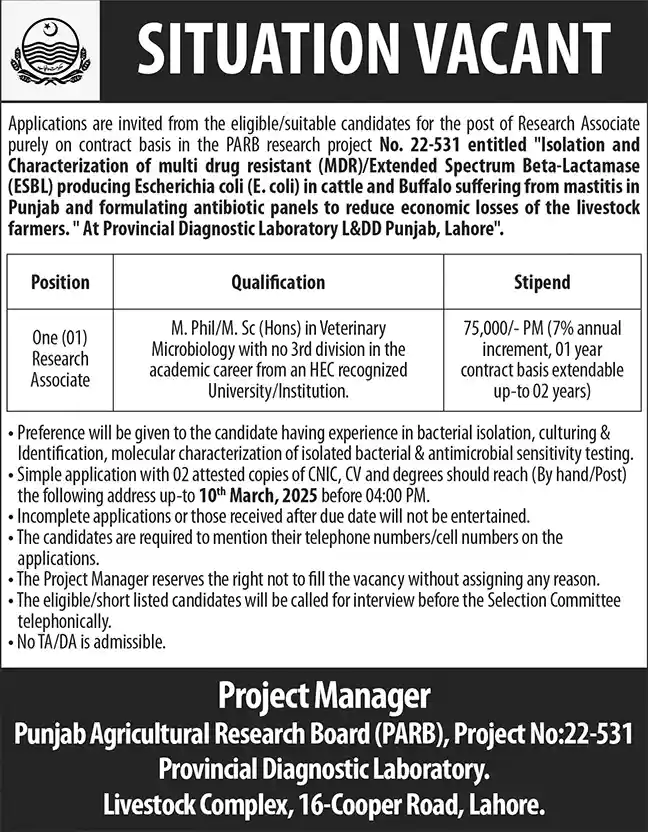 Punjab Agricultural Research Board PARB Jobs 2025 Advertisement