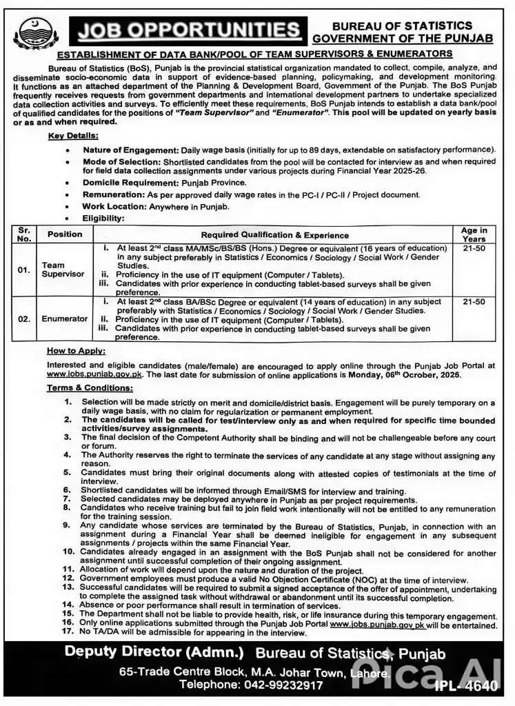 Punjab Bureau of Statistics Jobs in 2025 Advertisement