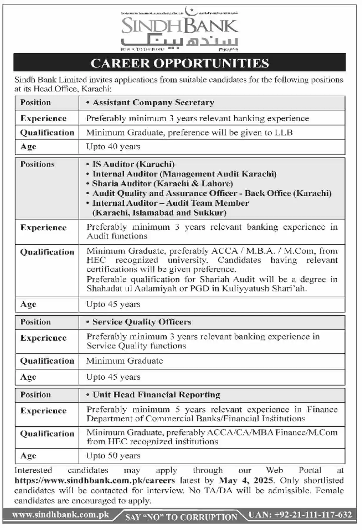 Sindh Bank Jobs 2025 Advertisement