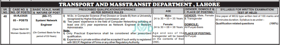 Transport and Mass Transit Department Jobs 2025 Advertisement