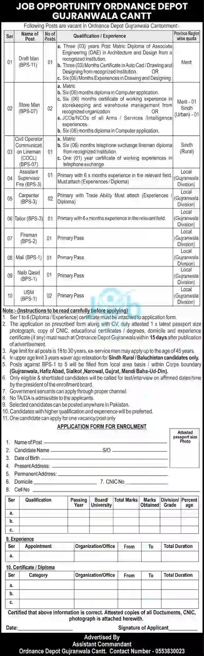 Army Ordnance Depot Gujranwala Cantt Jobs 2025 Advertisement