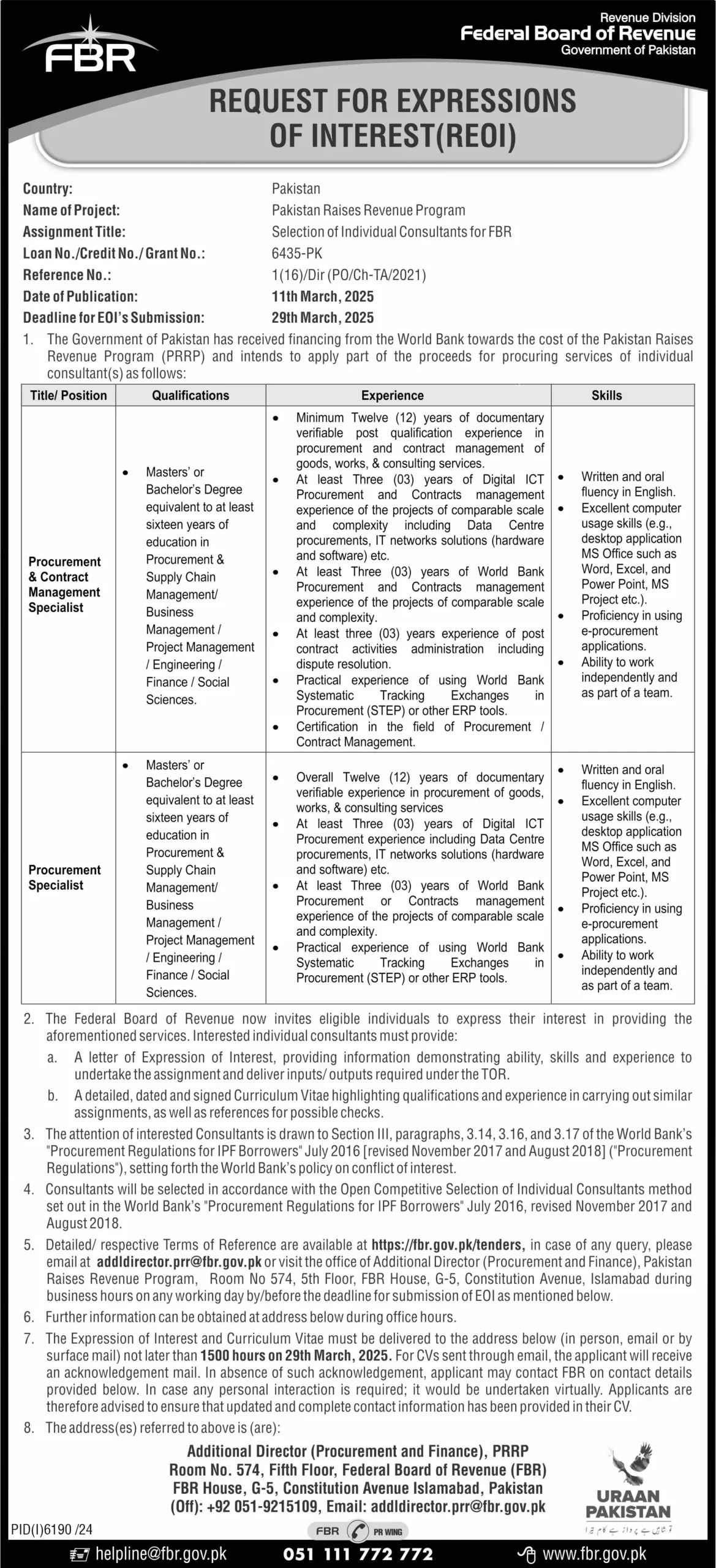 FBR Pakistan Jobs 2025 Advertisement