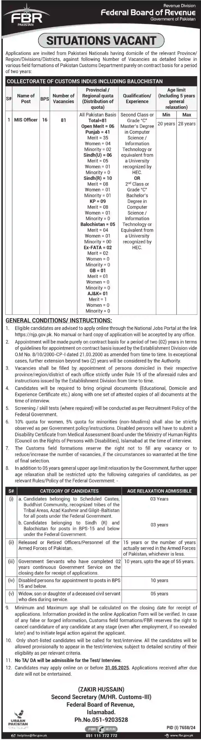 Federal Board of Revenue FBR Jobs 2025 Latest Advertisement