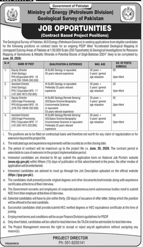 Geological Survey of Pakistan GSP Jobs 2025