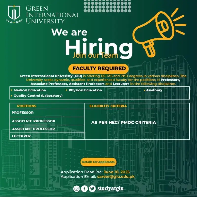 Green International University Jobs 2025 Latest Advertisement
