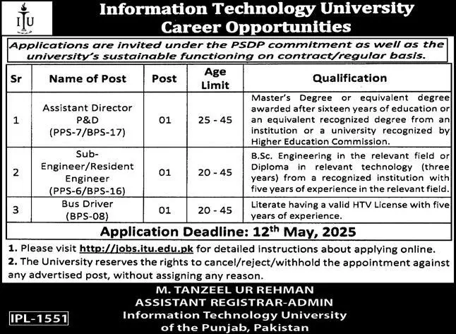 Information Technology University ITU Lahore Jobs 2025 Latest Advertisement