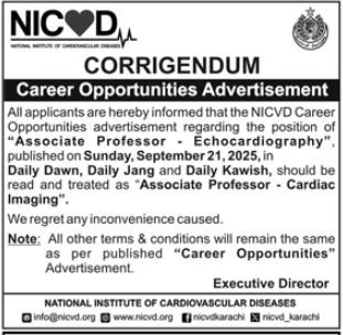 National Institute of Cardiovascular Diseases NICVD Karachi Jobs 2025 Today Advertisement