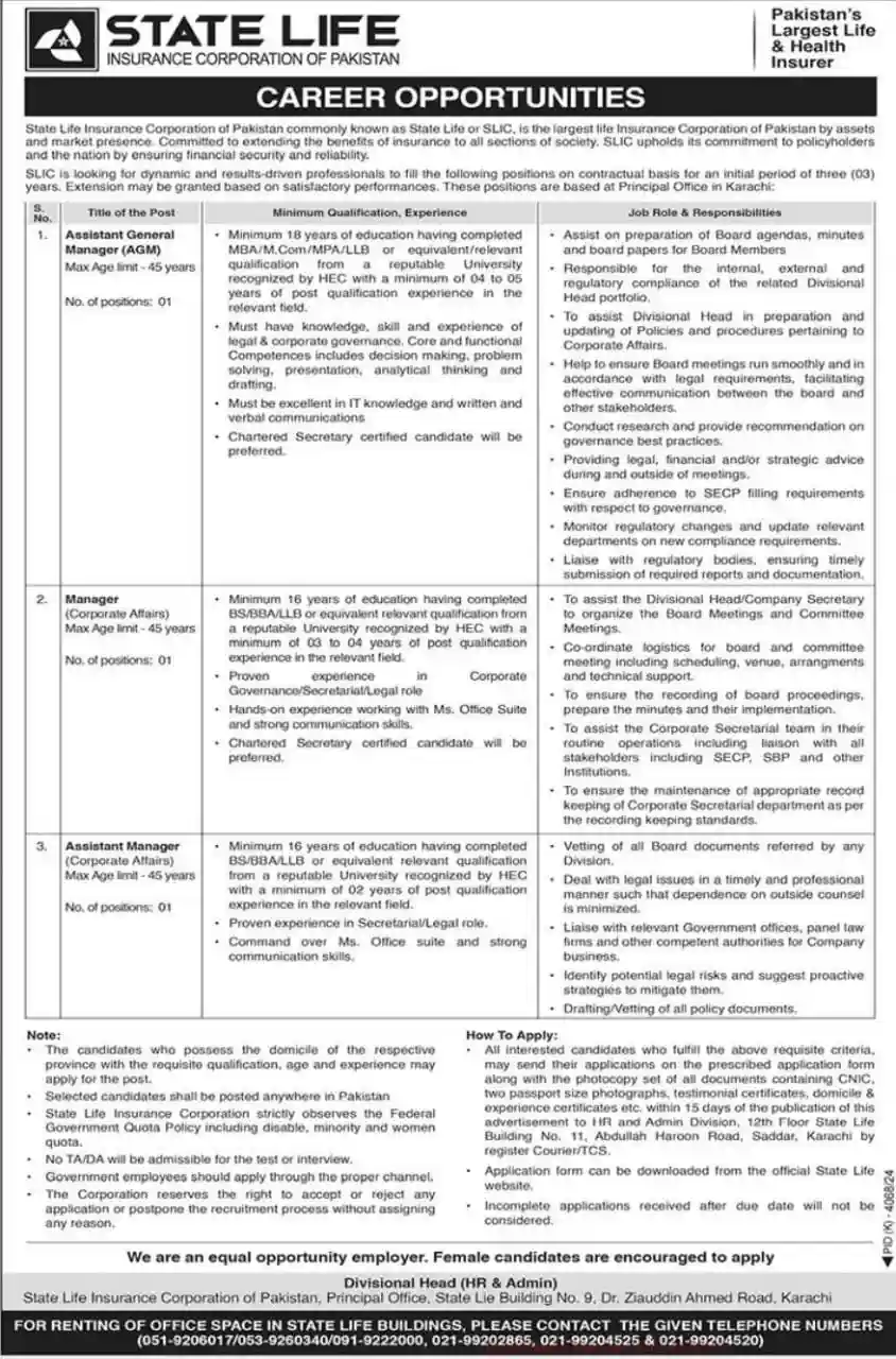 State Life Insurance Corporation of Pakistan SLIC Jobs 2025 Today Advertisement