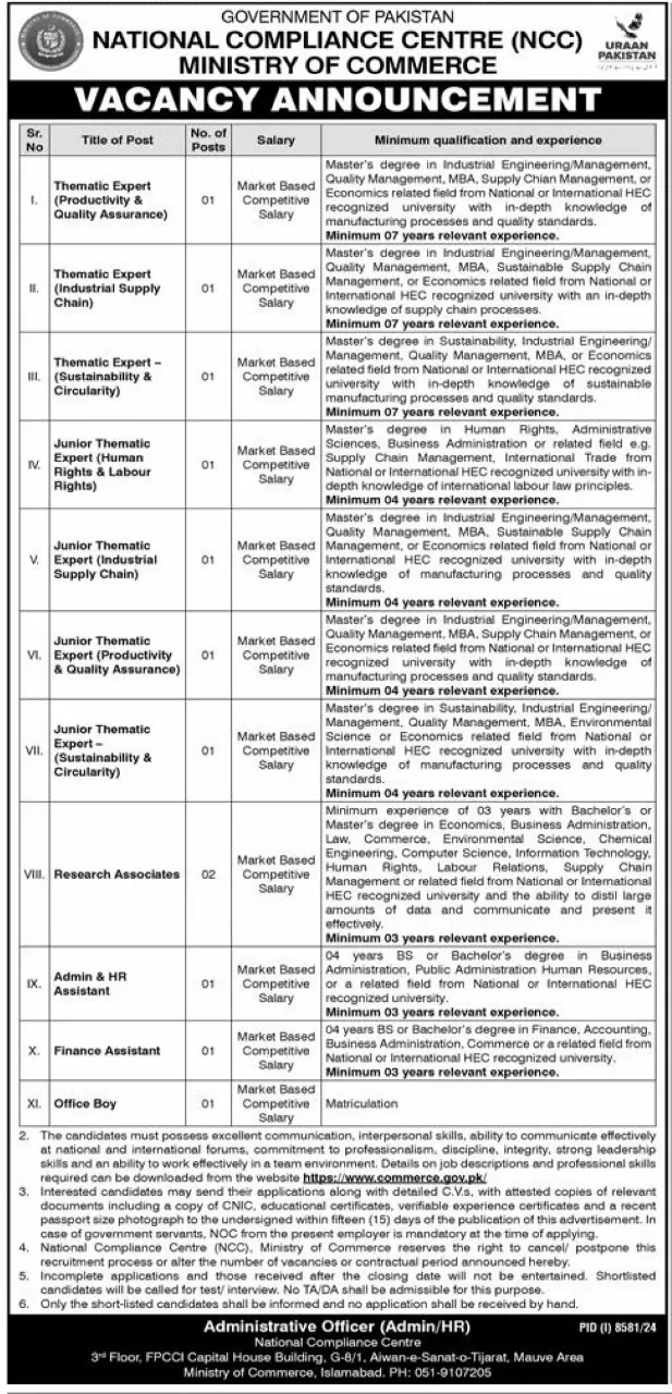 Government of Pakistan’s Ministry of Commerce Jobs 2025 Advertisement