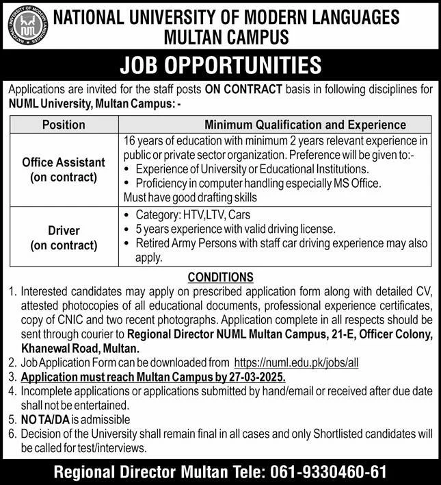 NUML Multan Campus Jobs 2025 Advertisement