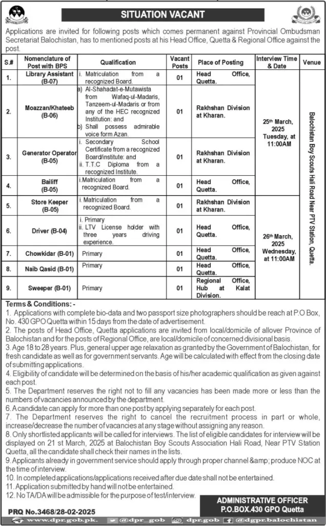 Provincial Ombudsman Secretariat Quetta Jobs 2025 Advertisement