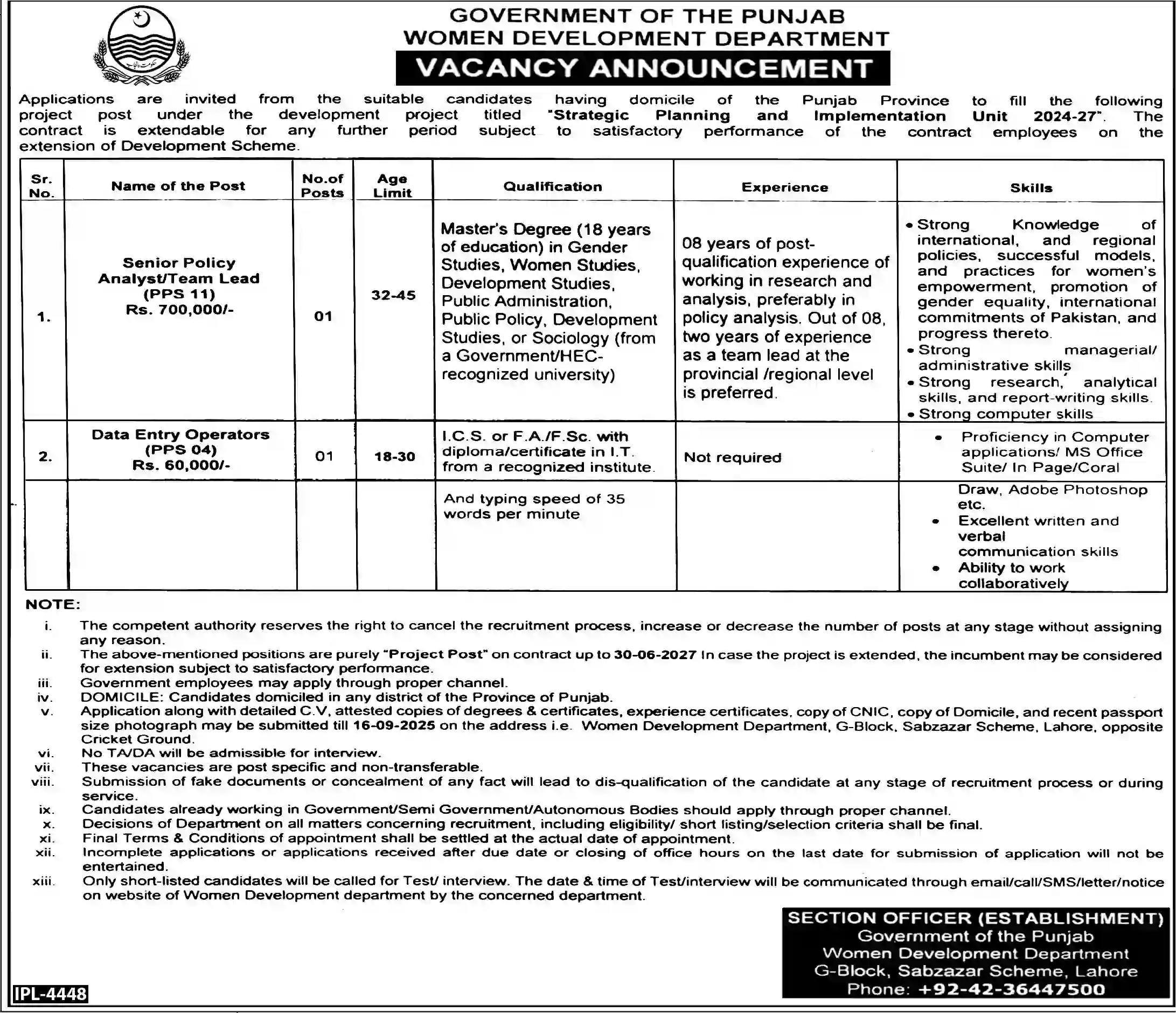 Women Development Department WDD Punjab Jobs 2025 Advertisement